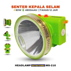 Senter Kepala Selam MITSUYAMA MS-216 Body Anti Air Cahaya Putih & Kuning 80W Jarak Sorot 1000 Meter Baterai Cas 4800mAh Tahan 12 Jam  Laz COD Senter Kepala Selam Mitsuyama 80 Watt - TASMAN COLLECTION