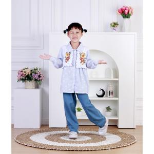 Dungdungkids Setelan Anak Azeela Katun Salur Vest Jeans 3 - 11 Tahun