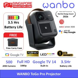 WANBO ToGo Pro Portable Projector | Google TV 14 | Full HD 1080p (1920×1080) | 500 ANSI Lumens | 3.5-Hour Battery Life | Free Carry Case