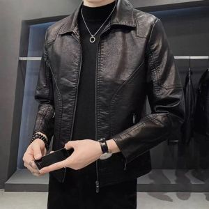 Genuine Leather Mens Leather Jacket Slim-fit Leather Jacket Korean Casual Fleece Lining Thickened Lapel Handsome Motorcycle Jacket Men
