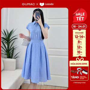 Đầm nữ dáng A xòe rã đô kiểu cổ sơ mi nẹp phối sọc xéo chất kate sọc sang trọng thời trang GUMAC LDF0701