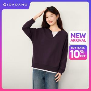 GIORDANO Women Sweatshirts Fake Two-Piece Cotton Sweatshirts Dolman Sleeve Fashionable Casual Relaxed Sweatshirts 13326645