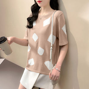 LUCKIN STORE Polka Dot Ice Silk Womens Sweater Loose Short Sleeve T-shirt Blouse 2025 Summer Casual Tops