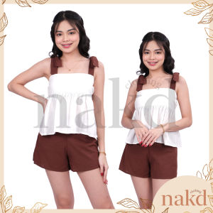 NAKD JADIE FASHION SELF TIE COMBI TWO TONE COTTON LINEN BASIC DAILY CASUALWOMEN TERNO SHORT SET S007