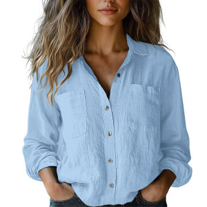 2025 Autumn Cotton Linen Breathable Solid Color Button Down V-neck Shirt Basic And Versatile Casual Comfortable Lady Office Tops2026