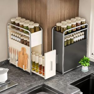 BESTOUR Narrow Design Spice Organizer Multifunctional Dustproof Countertop Organizer Sturdy Space Saving Storage Rack Kitchen Use