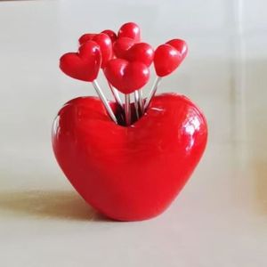 BAGUO(霸果) Red Pink Love Fruit Fork Set Stainless Steel Storage Jar Plastic Fork Tableware Loving Heart Fruit Cake Sausage Fork Household