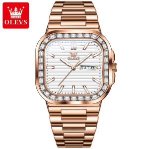 OLEVS 9966 Quartz Fashion Men Watch Square-dial Stainless Steel Watchband Wristwatch Week Display Calendar