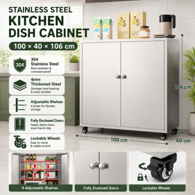 CompactSteel​​ store Stainless Steel Kitchen Cabinet with Wheels Double Door Storage Cupboard Dish Organizer Rack Durable Rustproof Kitchen Storage Cabinet Philippines