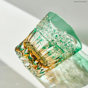 แก้ววิสกี้ Edo Kiriko สีเขียวมรกตของ CHAMVIN แก้วคริสตัลตัดมือ อุปกรณ์บาร์หรูหราแบบญี่ปุ่น