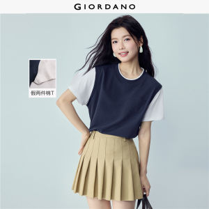 Giordano Beau Monde Women 100% cotton fake two-piece short sleeve tee Free Shipping 13326285