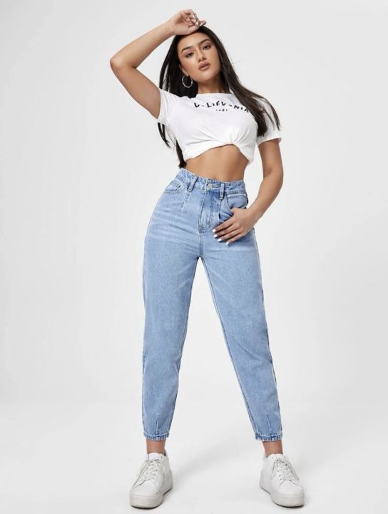 DFW High Waist Plain Denim Boyfriend Pants Mom Jeans Lazada