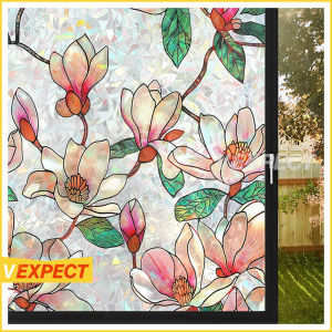 Window Privacy Film Sticker with Static Cling & 3D Rainbow Effect Floral Stained Glass Pattern for Home Decor