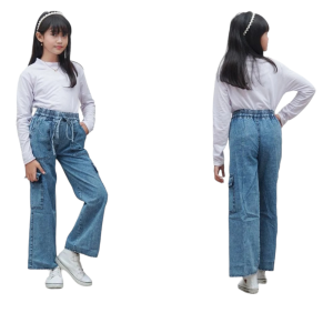 Celana jeans Cargo Panjang Highwaist Anak Perempuan Usia 6-13 Tahun Korean Style
