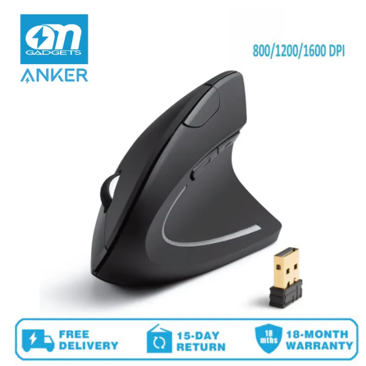 Anker A7852 2.4G Wireless Vertical Ergonomic Optical Mouse, 800 / 1200 /1600 DPI, 5 Buttons for Laptop, Desktop, PC, Macbook - Black