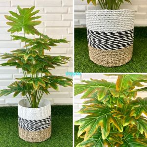Pohon Plastik Tanaman Artificial Monstera Jari Philo Orange X18 Semilatex Cover Pot Seagrass Variasi Warna Dekorasi Cafe