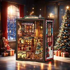 Christmas DIY Miniature Dollhouse Book Nook 3D Wooden Puzzle Kit with LED Lights Holiday Home Decor Gift