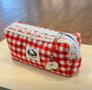 Christmas gifts Halloween Hello Kitty Cute Retro Red Checkered Pencil Case Portable Large-capacity New Style Simple Student Stationery Pencil Storage Bag