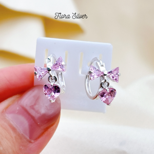 FLORA 0426B - Bông tai bạc ta hình nơ mix hình trái tim đá màu hồng trắng dành cho bé gái