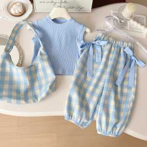 Setelan Anak Perempuan Import Knit Tanpa Lengan Celana Dadu Pita Karet Free Tas Cute Girl