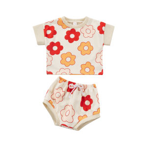 【COD&Local】2Pcs Baby Girls Outfit Toddlers Summer Creative Flower Printing Round Collar Short Sleeve Tops + Elastic Waist Shorts Set