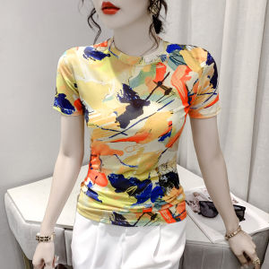 YIMEI เสื้อยืดพิมพ์ลายย้อนยุคสำหรับผู้หญิงเสื้อคอกลมแขนสั้นฤดูร้อนแฟชั่น2023เข้ารูปพอดีเสื้อตาข่ายเข้ารูปและทันสมัย