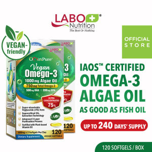 [2 Boxes] LABO Nutrition OmaxPure Vegan Omega 3 - 1000mg Algae Oil Plant-based Omega3 DHA EPA - Odourless Fish Oil Alternative for Heart Brain Eye Joint Health Support Lipid Profile • Supplement for Vegetarians • Made in Japan • 120 veggie softgels