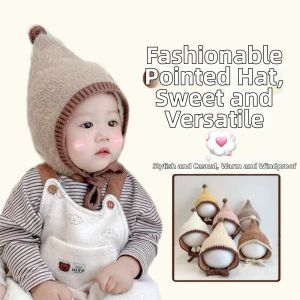 SKJK Warm Pointed Elf Hat Fleece Lined Knit Material Knit Beanie Baby Tie-on Style Pom Pom Hat For Infant Boys Girls