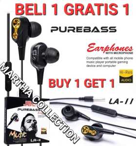 ( BELI 1 GRATIS 1 ) HANDSFREE/ HEADSET PUREBASS LA-11 SUPER BASS LA-11 MUSIC STREO EARPHONE. BISA BUAT TELPONAN MUSICGAME COCOK UNTUK SEMUA JENIS HANDPHONE.