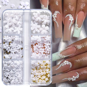 UR SUGAR 6Grids Acrylic Flower 3D Nail Art Decorations Resin Charms Gold Beads Caviar Pearl Mixed Rhinestones Accessories