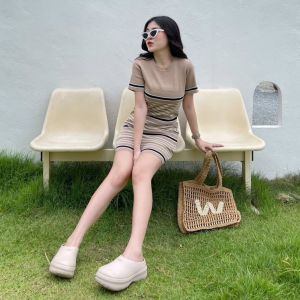 🌈 SpinnyHouse 🌈มินิเดรสไหมพรม ทอสลับสี คอกลม 💖 เนื้อผ้าเรียบ ไม่หนาใส่สบาย ผ้ายืดตามตัว สาวอวบใส่ได้ รุ่น นมอุ่น