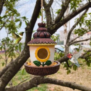 ER52858 Resin Crafts Outdoor Bird House Handcrafted" Weatherproof Wild Bird Nesting Box Pet Cottage Ventilation Holes Feeder Hut Garden