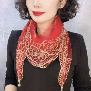 Rose Embroidery Small Square Scarf Silk Scarf Versatile Scarf Magnetic Clasp Scarf Bubble Yarn Scarf