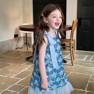 PRINCESS KESLI ชุดแขนกุดหางนางเงือกสำหรับเด็กผู้หญิง ชุดเจ้าหญิงแฟชั่นเด็ก ชุดเดรสเกาหลีสไตล์ประดับเลื่อม 1-11ปี