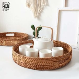 Khay mây tròn ECOHUB có tay cầm d30cm / 35cm (Basket Rattan Woven Storage Tray with Handle) | EH026