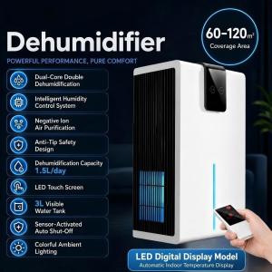 Harico 2.5L Dehumidifier Negative Ion Air Purifying Large Water Tank Remote Control LED Display Quiet Sleep Mode Low Noise Auto Shutoff 2 Drainage Options Temperature Humidity Display For Home Room Bedroom Closet Moisture Absorber Molds