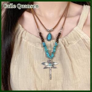 Caile สร้อยคอจี้แมลงปอวินเทจสไตล์ชาติพันธุ์สำหรับผู้หญิงสร้อยคอลูกปัดสีฟ้าครามเทียมสไตล์โบฮีเมียน