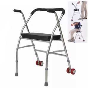 Stainless Steel Walker Walking Aid Frame Medical Crutch with Seat & Wheel Foldable Elder Walker