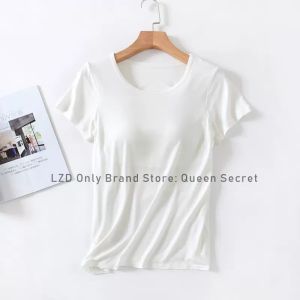 [Queens Secret] M-3XL Large size short sleeve top with chest pad modal home wear/lounge wear/sports yoga wear / fixed cup womens basic T-shirt black/white/gray short sleeve