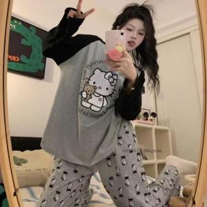 2Pcs Sanrio Pajamas Cartoon Pure Cotton Hello Kitty Kawaii Loungewear Sanrio Cartoon Pajamas Pants Set New Hello Kitty Pajamas