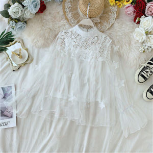 New Raya 2 Potong Atasan Jaring + Blus Renda Lengan Menyala Kerah Potongan Suspender