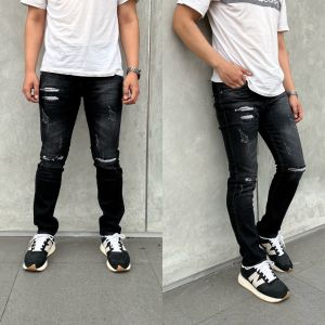 Celana Jeans Panjang Pria Sobek Ripped Denim Stretch Jeans Slim Fit Grey