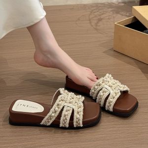[Free Shipping] Pearl Thick-Soled Wedge Sandals For Women Summer Outdoor Wear 2026 New Style Elegant Flip-Flops