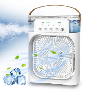 Three speed desk humidifier air conditioning fan multi-function seven color LED light four in one with USB charging cold fan cooler 180 ° rotary purification spray perfume small electric fan