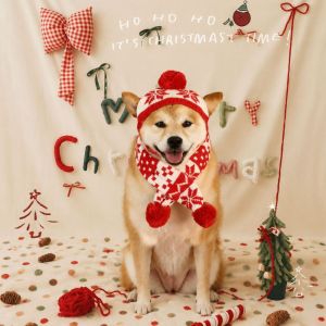 CHANBAEK Adjustable Cat Dog Christmas Hat Scarf Green Red Cute Pet Dress Up Set Christmas Tree Warm Pet Knitted Suit Xmas Pet Costume