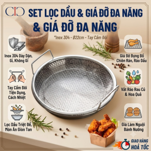 SET KHAY (ĐĨA) KÈM VỈ LƯỚI LỌC DẦU CHẤT LIỆU INOX 304 SIZE 22CM DÙNG ĐỰNG THỰC PHẨM THỨC ĂN CHIÊN RÁN TIỆN