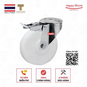 Bánh xe đẩy nylon trắng (PA) nanotech càng lỗ xoay Inox 304 - 80-100-125mm - Happy Move Thái Lan