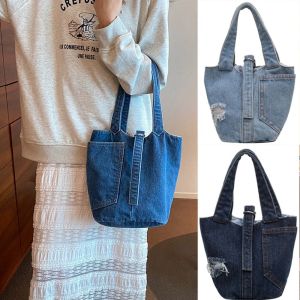 ZYJC With Hole Denim Bucket Bag Large Capacity Phone Pockets Tote Bag Cute Shoulder Bag Canvas Lunch Bag Girls