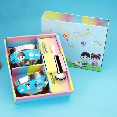 Cartoon Stainless Steel Childrens Dinnerware Set Anti-Fall Baby Bowl Cute Kids Eating Bowl Chinese Style Home Dining Utensils ☀0414x
