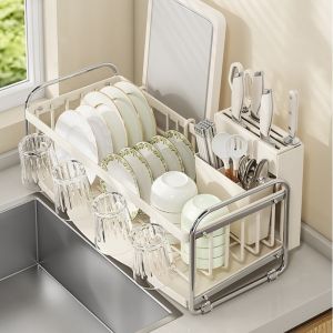 MECOME หลายฟังก์ชัน ชั้นวางของ สะดวก แบบพกพา ที่วางจานสำหรับระบายน้ำ คุณภาพสูง ตะกร้าเก็บช้อนส้อม ครัวเรือน